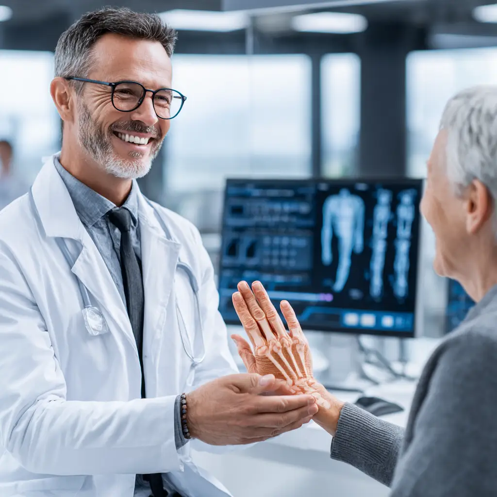 photograph of a professional rheumatologist examining a patient in a modern clinic.