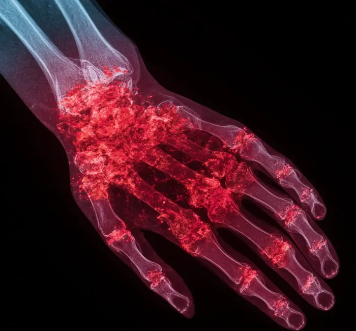 high-resolution image of a CT scan or MRI showing a joint with visible signs of inflammation